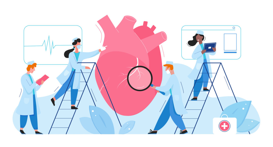 Illustration of cardiologists examining a large heart and reviewing digital charts, representing detailed documentation needed for accurate cardiology coding and billing.