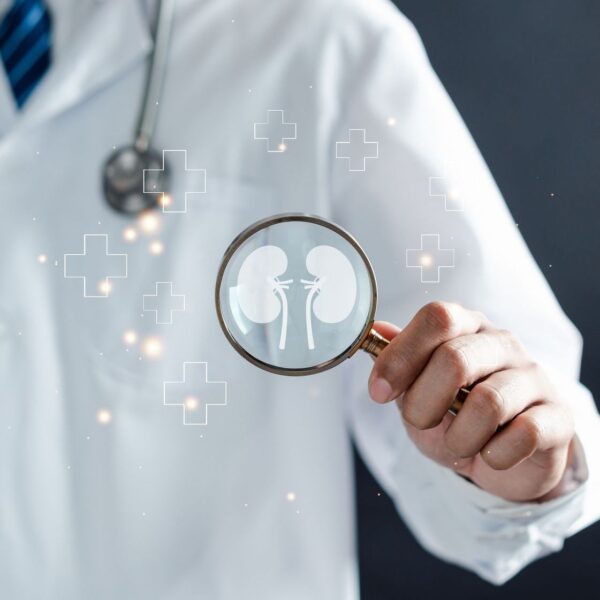 Doctor holding a magnifying glass highlighting kidney health and renal care