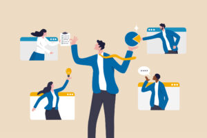 Illustration of a central businessperson multitasking with a pie chart and checklist, surrounded by remote team members sharing ideas, insights, and communication, representing outsourcing, collaboration, and distributed work.